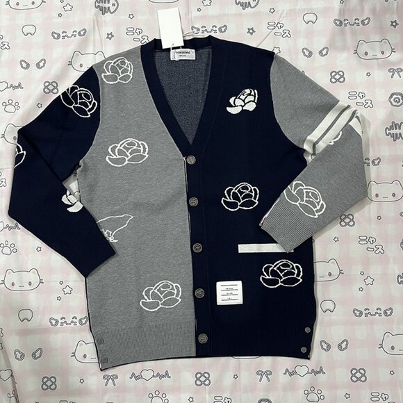 4 Bar Colorblock Jacquard Sweater Cardigan Thom Browne - Picture 1 of 7